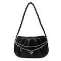 Borsa a spalla plissettata nera minimalista con catene d'argento e tracolla in tessuto - Nero