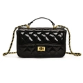 Glossy patent leather quilted small square handbag with golden chain strap and swivel lock - Black