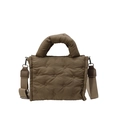 Quilted nylon puffer handbag in dark khaki with a detachable wide woven shoulder strap - Brown