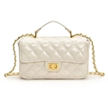 Elegant white quilted patent leather crossbody bag with gold chain and ball detail - White