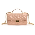 Glossy nude pink quilted chain bag with gold metal handle and turn-lock closure - Pink