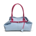 Bolso tote de mezclilla azul con correas de cuero rosa y hebilla de metal dorado mujer - Azul Claro & Rosa