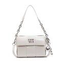 Sac bandoulière carré tressé blanc avec chaîne argentée et détail du logo en métal - Blanc Cassé + Charme de Chien Ballon
