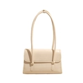 Chic beige baguette shoulder bag with slim double straps and embossed logo on white background - White without Pendant