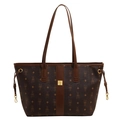 Brown tote bag with rabbit monogram pattern and golden logo on dark leather detail - Large (With Pendant) / Brown