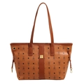 Brown leather tote bag with cartoon rabbit print and gold metal buckle details - Large (With Pendant) / Yellow Brown