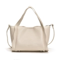 Beige lychee leather bucket bag with top handles and logo detail in a minimalist style - White