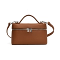Classic brown textured PU leather box handbag with top handle and silver zipper - Brown