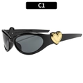 Modische schwarze Oval-Sonnenbrille mit markanter goldener Herzverzierung an den Bügeln - Schwarzer Rahmen Graue Linsen (C1)