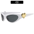 Oval white sunglasses with golden heart detail and dark grey lenses in Y2K style - White Frame Grey Lens (C2)