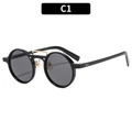 Lunettes de soleil rondes rétro noires avec double pont doré et verres gris - Monture Noire Verres Gris (C1)