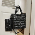 Black glossy quilted tote bag with matching pouch in high-shine down jacket style - Black With Small Pouch