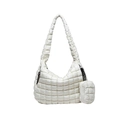 White quilted puffer hobo bag with matching square coin purse charm and zipper closure - White
