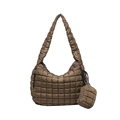 Coffee brown quilted puffer tote bag with a matching small hanging zipper coin purse - Brown