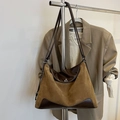 Brown leather and khaki suede tote bag with silver twist lock and shoulder straps - No Pendant / Brown