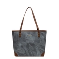 Sac cabas gris minimaliste avec anses en cuir marron et accents métalliques dorés - Bleu