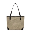 Grand sac cabas en toile marbrée grise avec anses en cuir noir et logo doré chic - Blanc Cassé