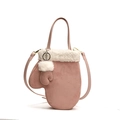 Pink suede glove-shaped handbag with plush faux fur trim and circular top handles - Pink (with Pendant)