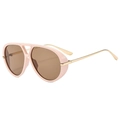 Detail view of pink aviator sunglasses with brown lenses and golden metal temples - Pink Frame Tea Lens (C14)