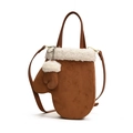 Brown glove-shaped plush crossbody bag with white faux fur trim and leather straps - Brown (With Charm)