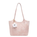 Borsa tote rosa con stampa acquerello, manici lunghi e ciondolo mostro di peluche bianco - Rosa