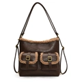 Vintage dunkelbrauner Rucksack aus Kunstleder mit Lammfellbesatz und Metallschnallen - Braun