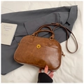 Retro dark brown boston handbag with gold hardware and adjustable strap for women - Brown No Pendant