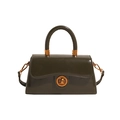 Minimalist deep green glossy leather tote bag with gold hardware and trapezoid design - Green