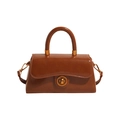 Vintage caramel brown leather handbag with a round golden lock and top handle - Yellow Brown