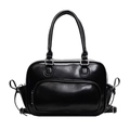 Borsa a mano retrò in pelle PU nera con finitura lucida e hardware in metallo argento - Nero