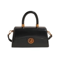 Classic black vintage leather small square handbag with a large gold circular twist lock - Black