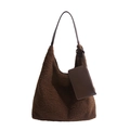 Brown faux shearling tote bag with matching leather straps and small zip pouch - Coffee Brown