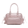 Retro light pink bowling bag for women featuring drawstring bow details and PU leather finish - Pink