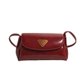 Deep red vintage leather pillow bag with bronze triangle metal plaque and thin strap - Red