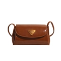 Brown vintage oil wax leather pillow bag with brass logo and minimalist shoulder strap - Yellow Brown