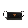 Glossy black oil wax leather pillow bag with retro bronze triangle metal logo - Black