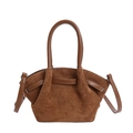 Chic retro brown suede bucket bag with stylish pleated design and leather handle - Brown