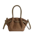Brown suede dumpling bag with olive green leather handles and adjustable shoulder strap - Green