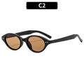 Retro oval sunglasses with glossy black frames, brown lenses and silver rivets decoration - Black Frame Tea Lens (C2)