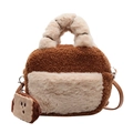 Borsa bowling in peluche bicolore con mini portamonete a forma di simpatico toast - Marrone