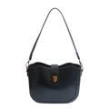 Fashionable black bucket bag with glossy leather and a golden square metal buckle - Black