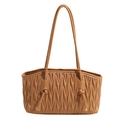 Brown pleated shoulder tote bag with matelassé texture and metallic knot accents - Khaki
