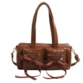Sac à main cylindrique marron foncé en simili cuir avec nœuds et détails argentés - Marron