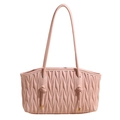 Pale pink pleated leather tote bag featuring elegant wave patterns and long shoulder straps - Pink
