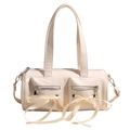 Chic cream white ballet style cylinder handbag with glossy finish and silk bows - Off White