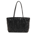 Chic black quilted tote bag with padded rhombus stitching and slim top handles on white background - Black