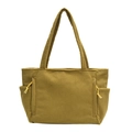 Olive green corduroy tote bag with side drawstring pockets and minimalist shoulder strap - Yellow
