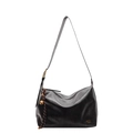 Vintage black leather tote bag with gold bell pendant and large capacity for daily use - Black