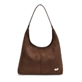 Brown suede hobo shoulder bag with large capacity and silver heart-shaped metal logo - Coffee