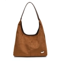 Retro large brown suede tote bag with heart logo and dark leather handle - Brown
